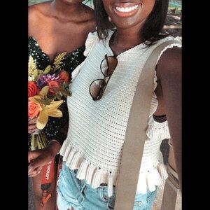 Cream Crochet Ruffle-Hem Tank Top